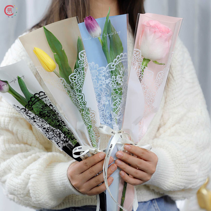 Changyi Wholesale Romantic Lace Bouquet Bag Rose Flowers Transparent Opp Flower Wrapping Bag Single/Multiple Branches Bag Floral Arrangement