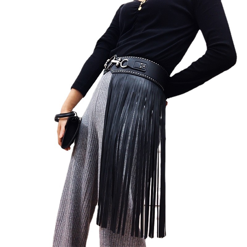 Picture of European and American punk style ultra-long fringed skirt women's waist seal fashion rivet wide belt elastic black buckle accessories