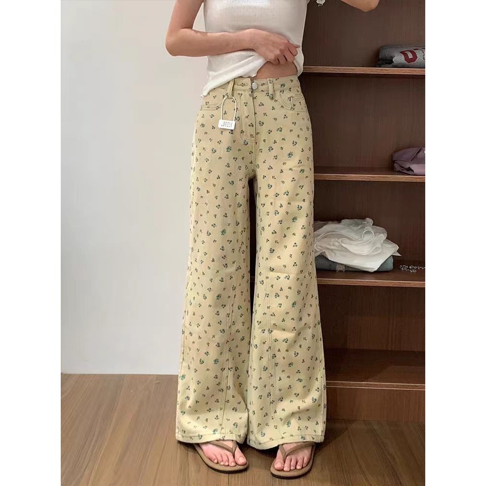 Hong Kong style retro floral straight jeans women's 2025 new simple design high-waisted, high-waisted loose wide-leg pants