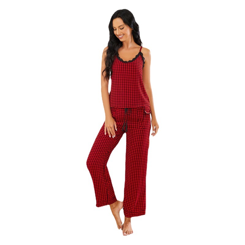 European and American Cross-Border Women's Home Clothes Summer Black Plaid Suspender Pants Two-Piece Pajamas for Women Galaжама