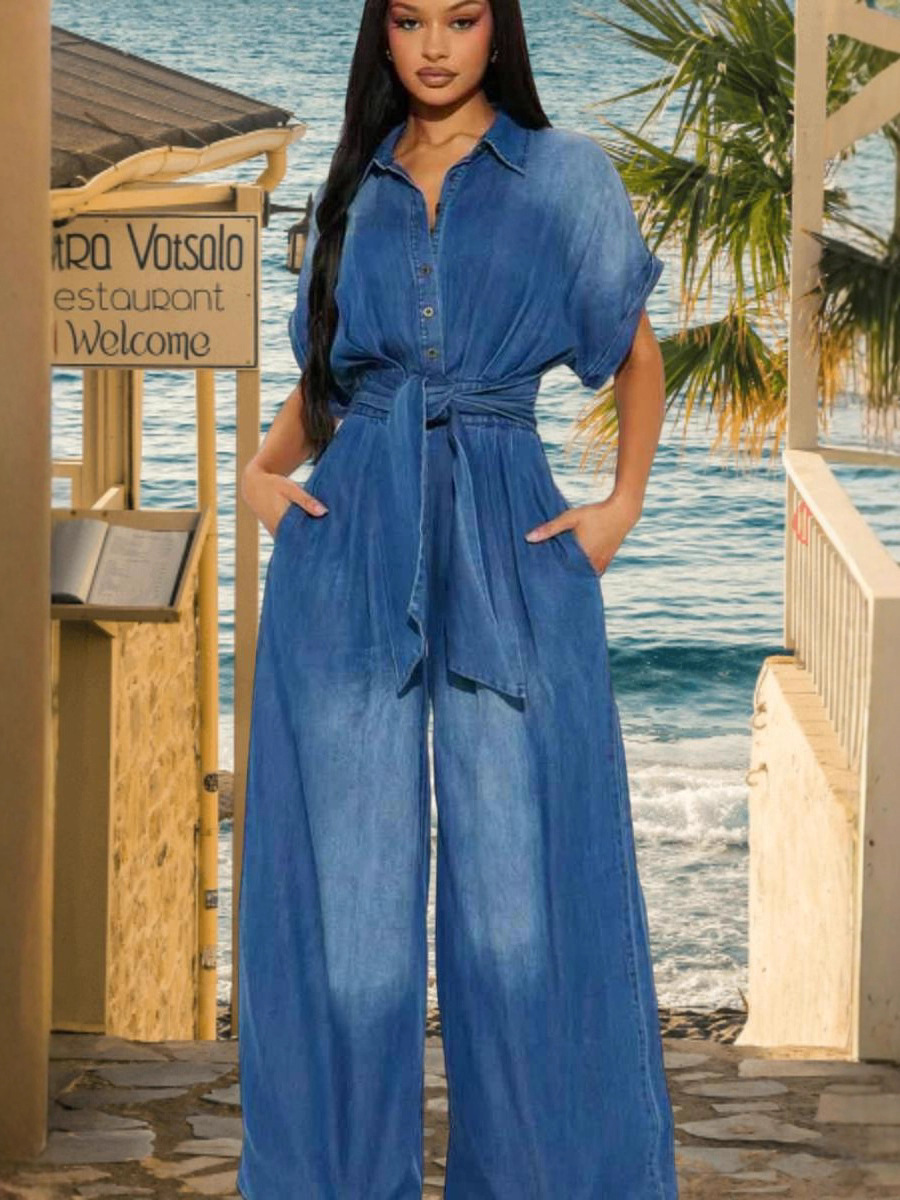 Picture of Cross-Border Foreign Trade Summer 2025 New Women's Denim Jumpsuit Women's Lapel Waist Floor-Length Wide-Leg Jumpsuit