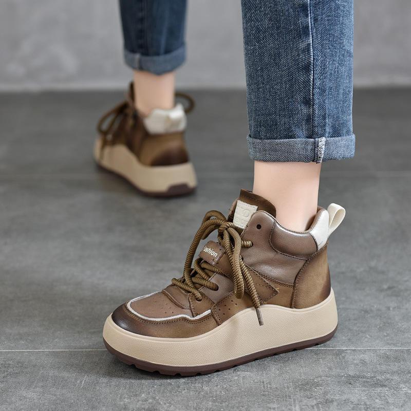 Recommended First-Layer Cowhide High-Top Casual Shoes Genuine Leather Women's Shoes Genuine Leather Thick-Soled Women's Shoes