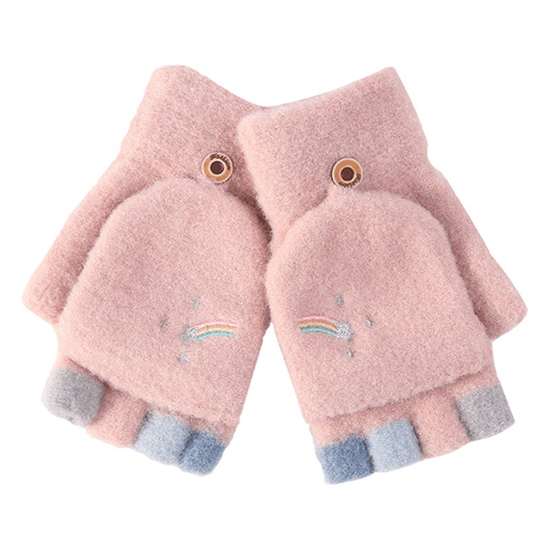 2024 New Student Finger Leakage Warm Cute Embroidered Rainbow Winter Half Finger Gloves Knitted fleece-lined Flip Cover Gloves
