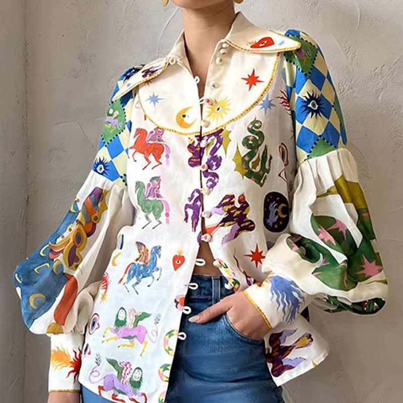 OL European and American Women's Shirt Amazon Loose Graffiti Print Lapel Lantern Long Sleeve Cardigan Shirt Women