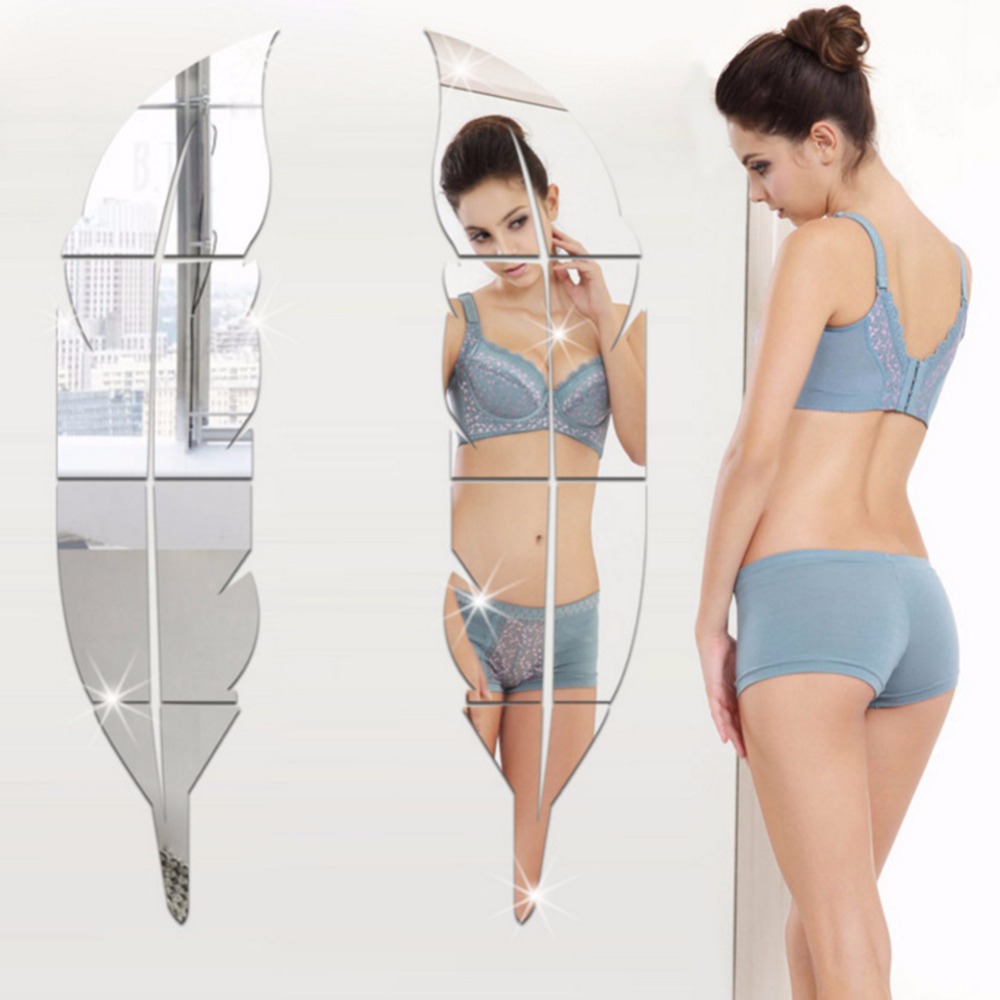 Hot Sale Hot Feather Mirror Wall Stickers 3D Acrylic Mirror Stickers Fitting Mirror Porch Decorative 361513