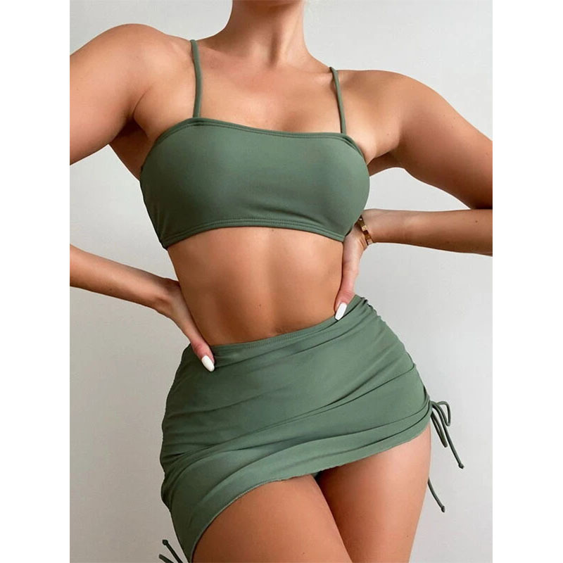 Solid color sling European and American hot girl cross-border foreign trade split swimsuit three-piece sexy pure desire bikini beach swimsuit