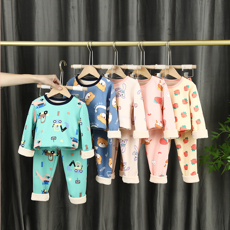 Children's thermal underwear suit fleece-lined thickened winter boys' baby boys' autumn clothes long pants girls' warm clothes suit
