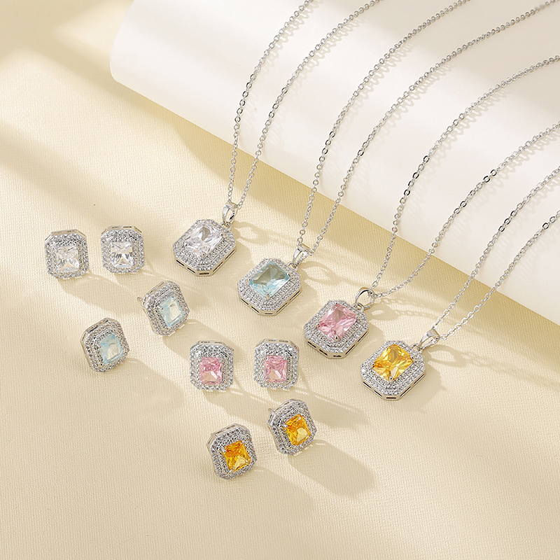 Europe and the United States cross-border new copper plated gold micro inlay rectangular zircon geometric creative earrings earrings necklace two-piece set