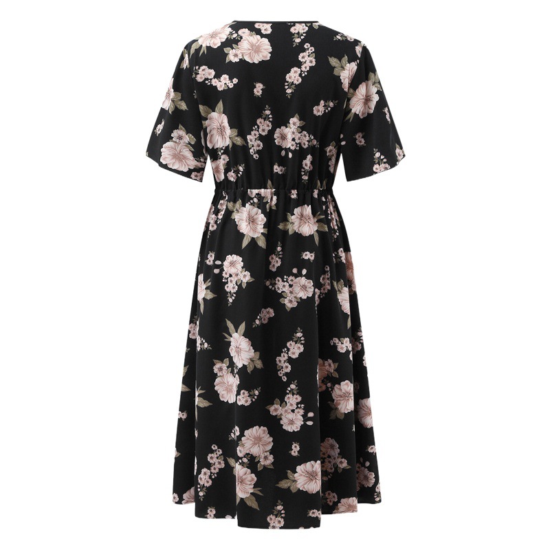 plus size Women's Floral Print V-neck Short-sleeved dress European and American-style Loose-fit Mid-length Chiffon Skirt