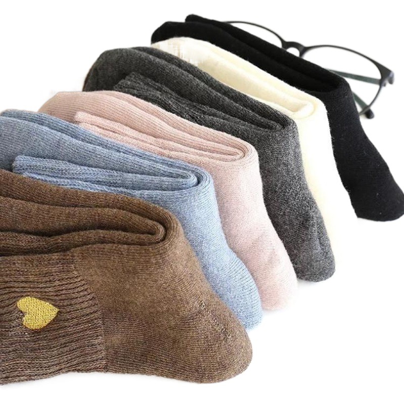 Japanese-Style Gold Thread Embroidered Heart Solid Color Mid-Calf Women's Socks, Thickened and Warm Terry Socks, Korean Socks Wholesale, Japanese-Style Embroidery