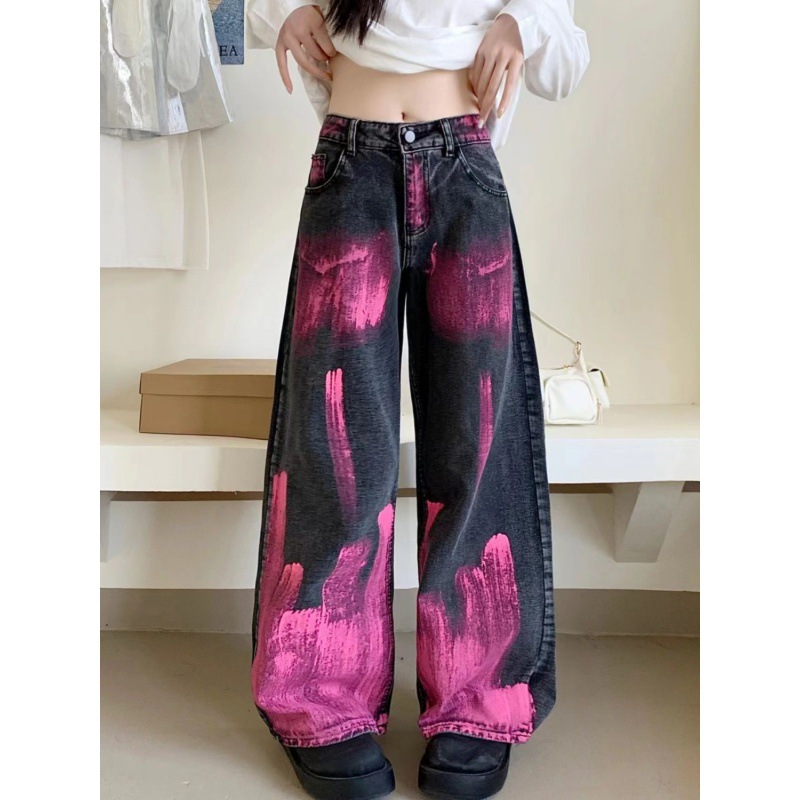 American Style High Street Flame Graffiti Tie-Dye Design Sense 2024 Jeans Women's Spring High Waist Loose Wide Leg Pants