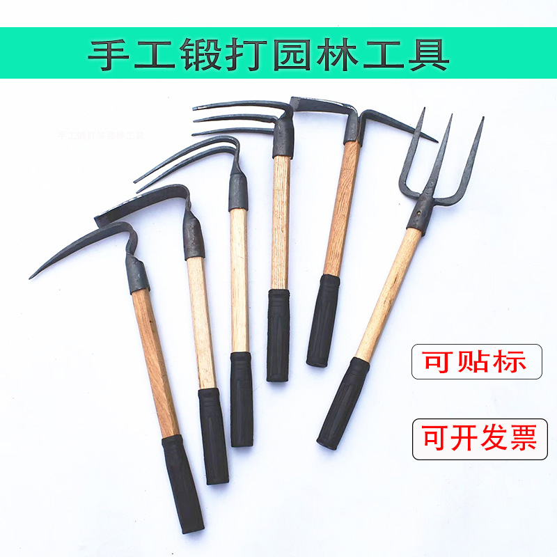 Agricultural turning tools wooden handle small hoe outdoor dual-use vegetable digging bamboo shoots flower pickaxe gardening three-tooth harrow to catch the sea