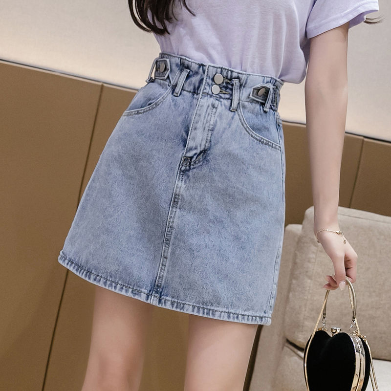 Spring and Summer 2023 New Denim Skirt Female Student Korean Style Short Skirt High Waist Elasticated Light Color Slim A- line Skirt