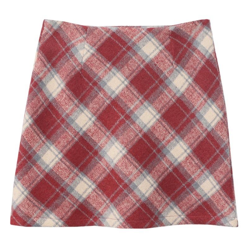 in stock Running Plaid Skirt Fall/Winter Woolen A- Word High Waist Slimming Hip Anti-Walking Half-length Skirt 8921