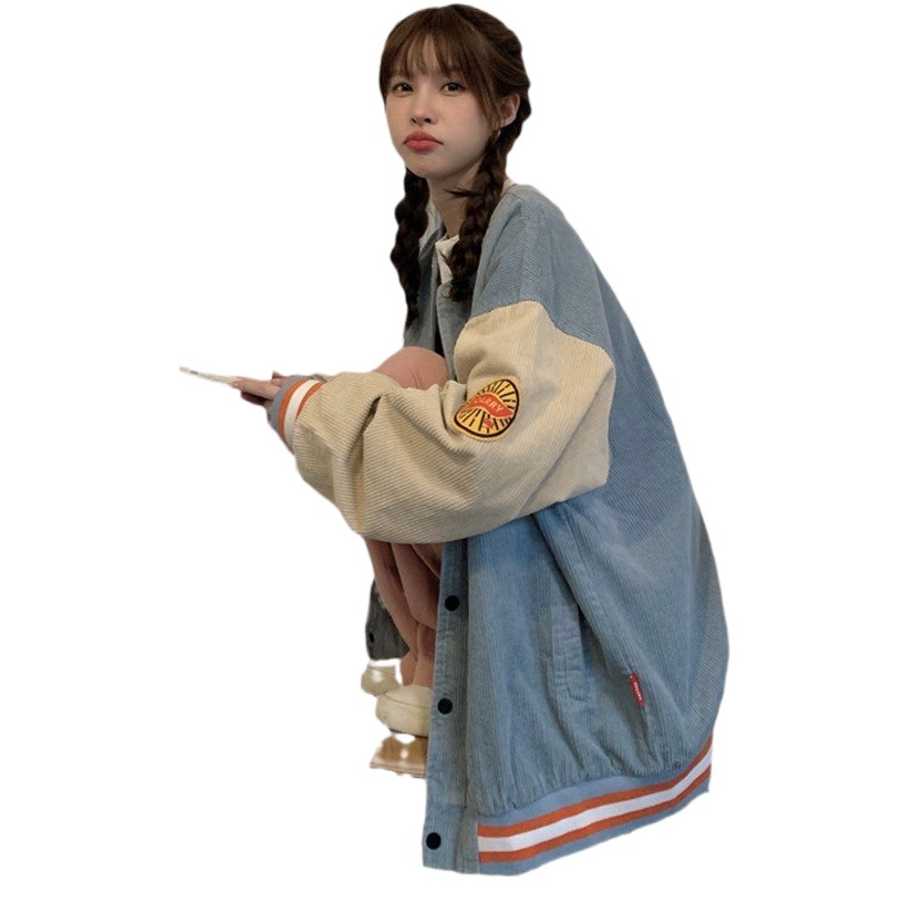 Workwear corduroy jacket for women 2023 autumn and winter fleece-lined loose Korean style ins lazy salt style fried street baseball uniform