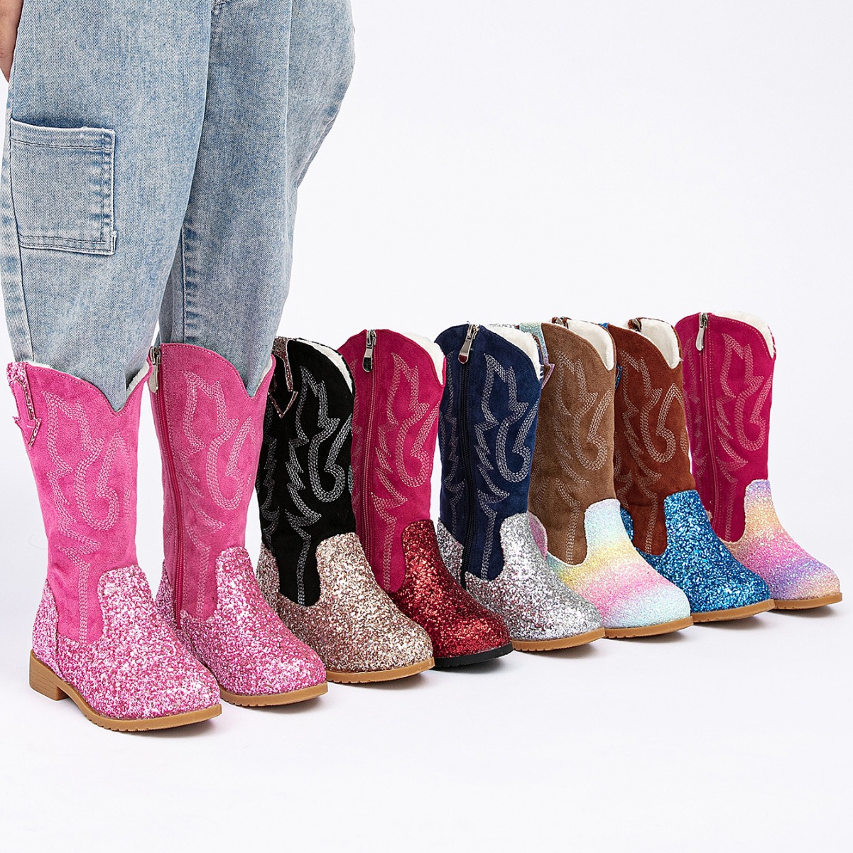 2024 new girls sequined princess boots little girls fleece-lined warm boots soft bottom comfortable high boots knight boots