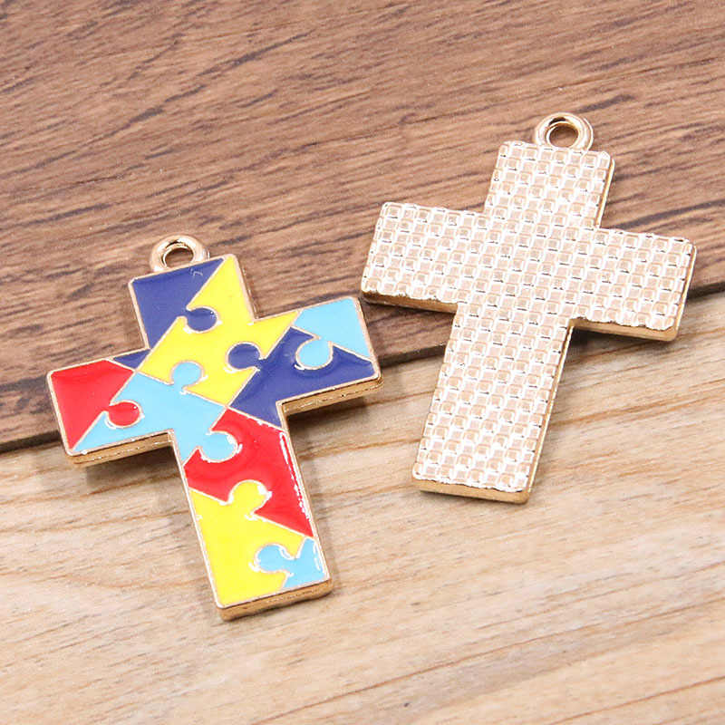 Picture of 8 Styles, 2 Colors DIY Alloy Jewelry Contrasting Color Puzzle Autism Pendant Round Heart Puzzle Asymmetrical Pendant
