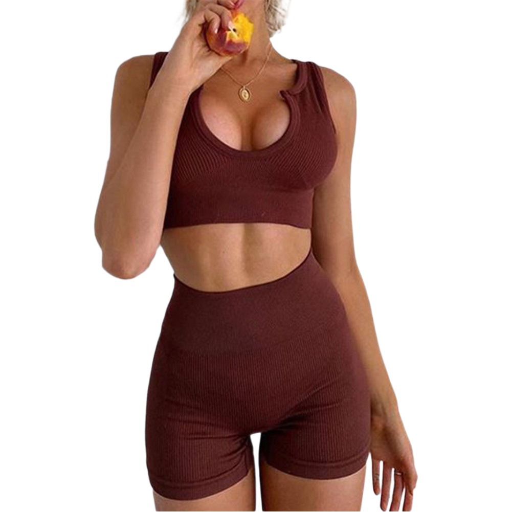 Cross-border Seamless V-neck Thread Striped Yoga Suit suit Women's Vertical Thread Shorts Bra Tight Fitness Clothes
