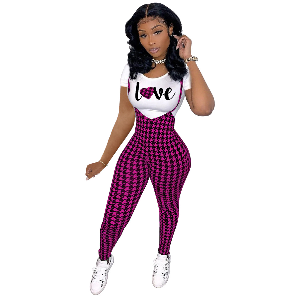 Picture of D9828 Amazon Hot Selling European and American Women's Fashion Pattern Printed Short Sleeve T-Shirt + Sling Jumpsuit Set
