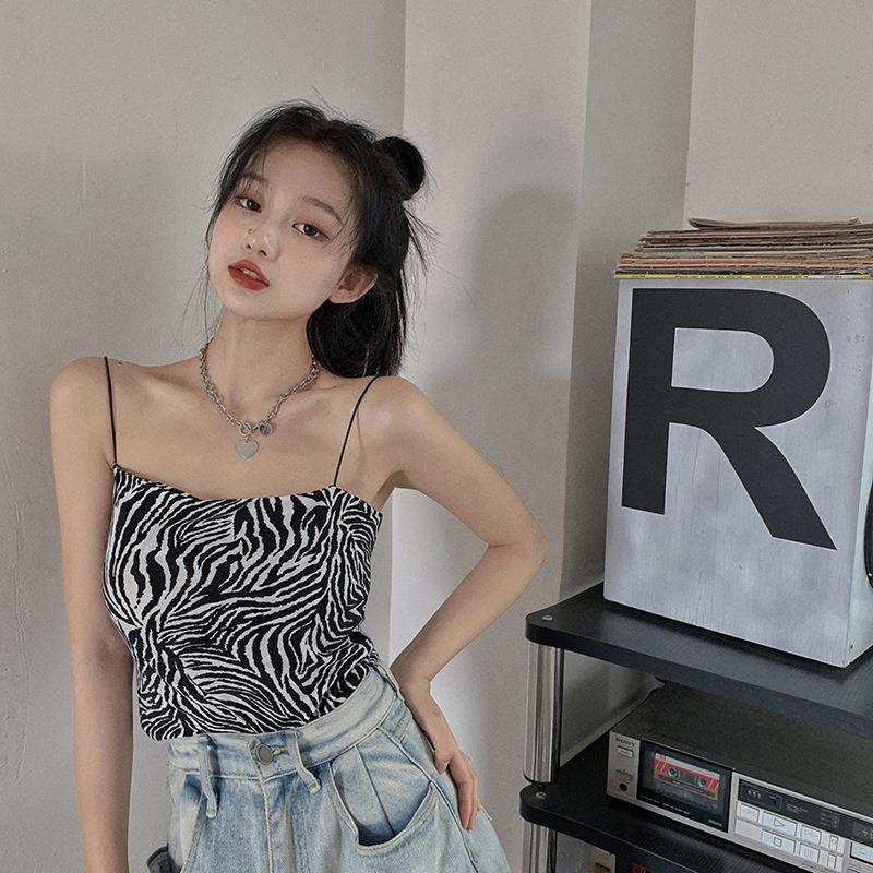 European and American Camisole Women's Summer Sexy Tight Hot Girl Short Zebra Pattern Outer Wear Inner Base Shirt Top