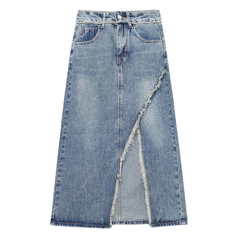 Irregular Half-length Denim Skirt Women's ins Trendy Rouge Split Pear-shaped Retro Mid-length High Waist A- line Niche Hip Skirt