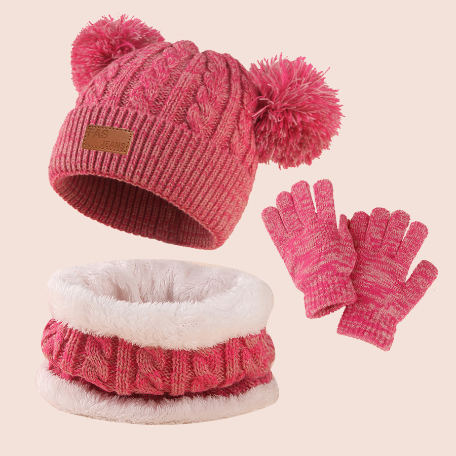 European and American leather label knitted children's hat scarf gloves three-piece winter baby hat warm children's wool hat