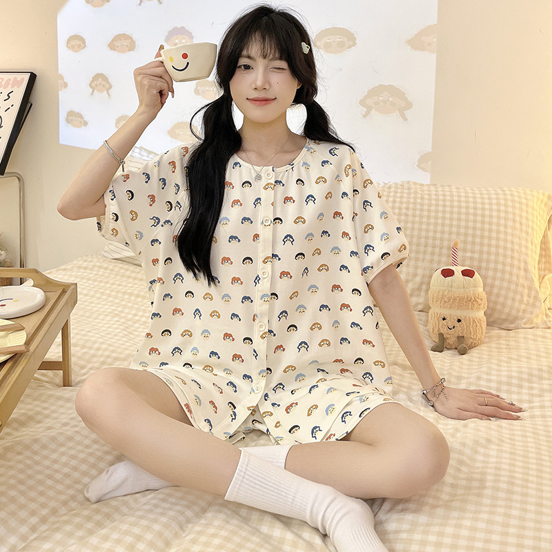 New Fashion Pajamas Women's Summer Loose Casual Cute Fresh Cotton Soft Comfortable Cute Shorts Home Clothes Set