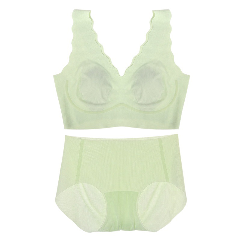 Semi-Fixed Cup rabbit ear cup small chest underwear women's summer thin wavy edge vest Ice Silk seamless bra women's suit