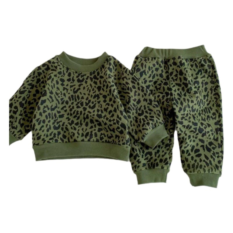 Infant Children's western style leopard print long-sleeved clothes suit baby outer wear Autumn Sweater fried street sweatpants two-piece suit