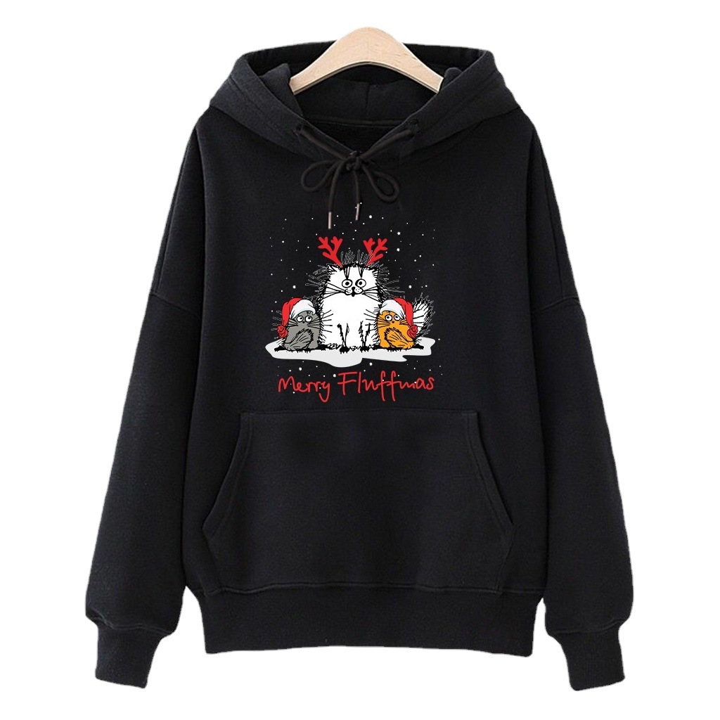 2021 Women's Christmas Autumn and Winter Christmas Meow Mi Letter Printing Shoulder Pullover Hooded Sweat