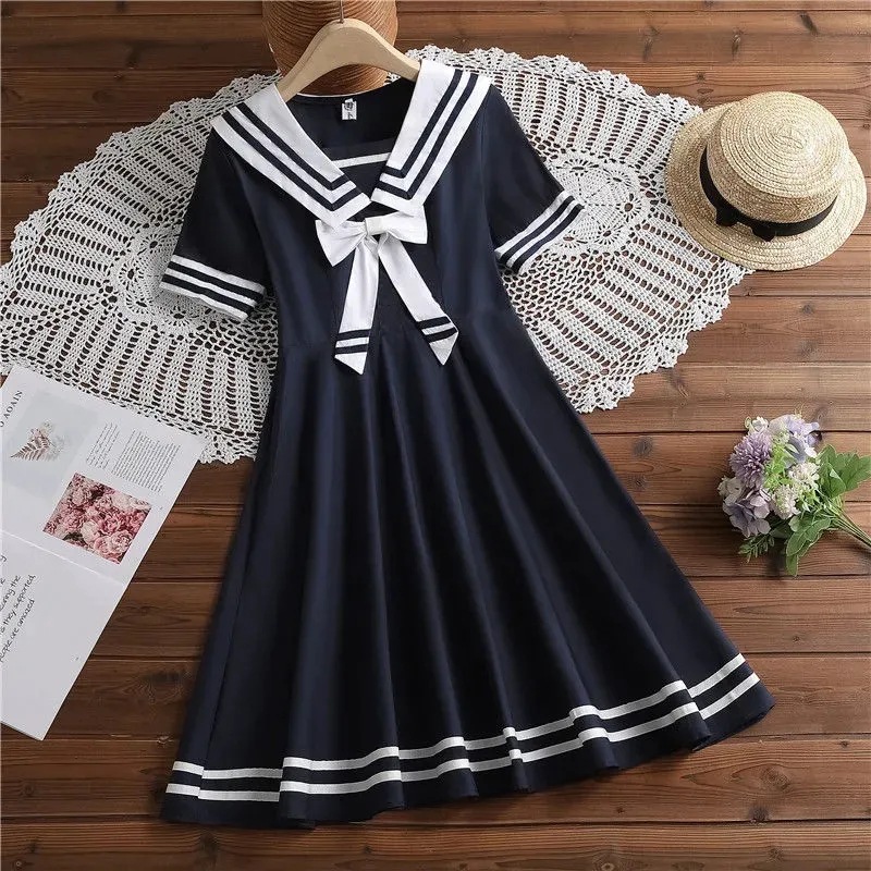 Girls Summer dress New Fashion Western Style Children's Navy Collar Skirt Girls College Style Primary and Secondary School Students' Suit