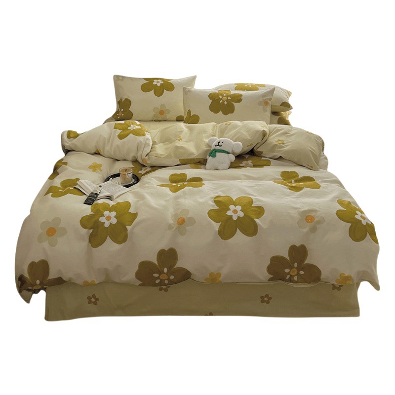 Small floral cotton four-piece set 100 cotton bed three-piece set wholesale small fresh printed quilt cover skin-friendly bed hat