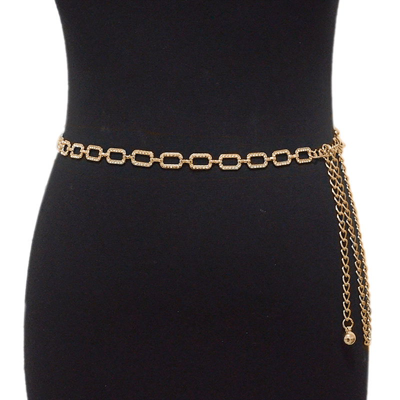 Summer New Women's Belt All-match Rhinestone Inlay Decorative Square Buckle Metal Chain Waist Chain Accessories Spot