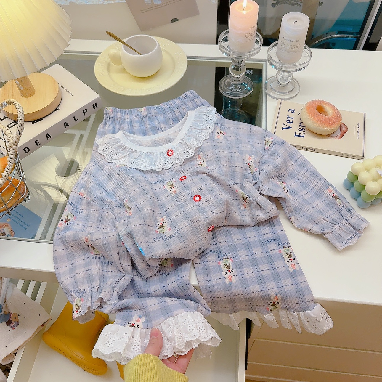 Picture of Children's Stretch Cotton Yarn suit Lace Baby Spring Cardigan Home Clothes Korean Style Cute Air-conditioning Clothes Pajamas