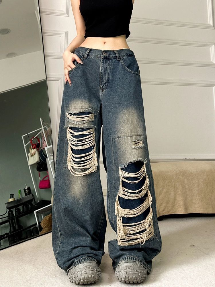 American Trendyy Design Ripped Jeans for Women in Autum New High-Waisted Retro Loose Vibe Street Wide-Leg Pants