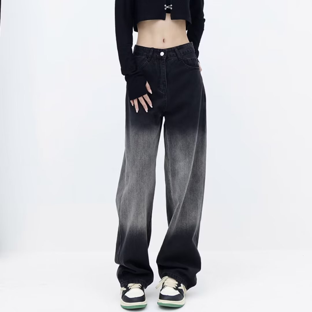 Black Jeans Women's Summer Thin Gradient High Waist Fashionable Straight Pants for Small Dumping and Wide Leg Trendy