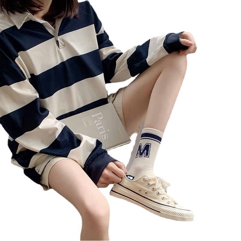 Klein blue socks women's large MP letters mid-tube socks spring and autumn blue striped P stockings lovers sports socks