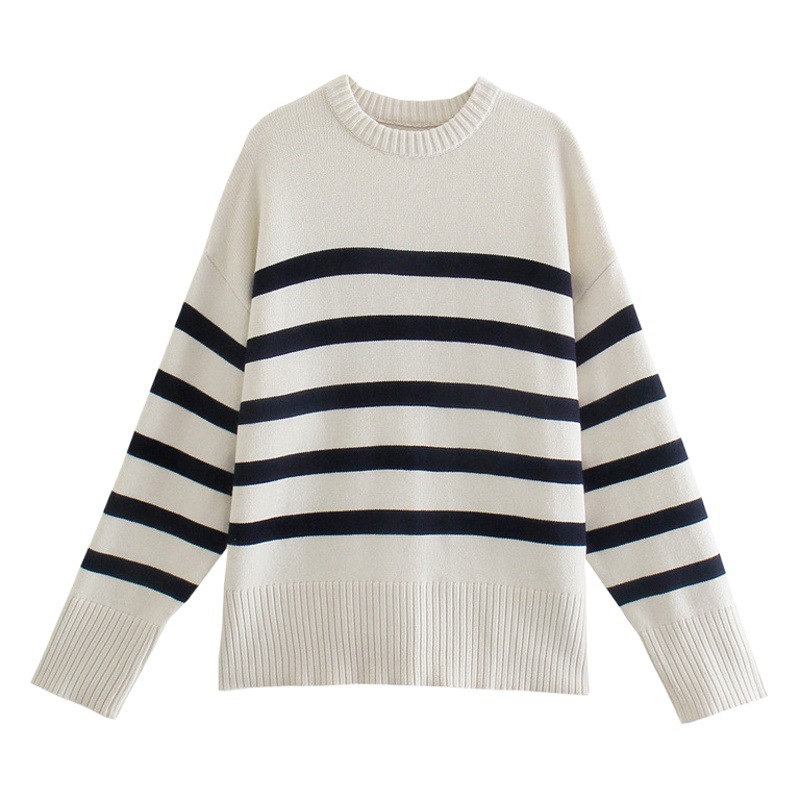 Cross-Border Export 2022 Autum European and American Style Zaura Women's Long-Sleeved Black and White Stripesd Round Neck Loose Knitwear for Women