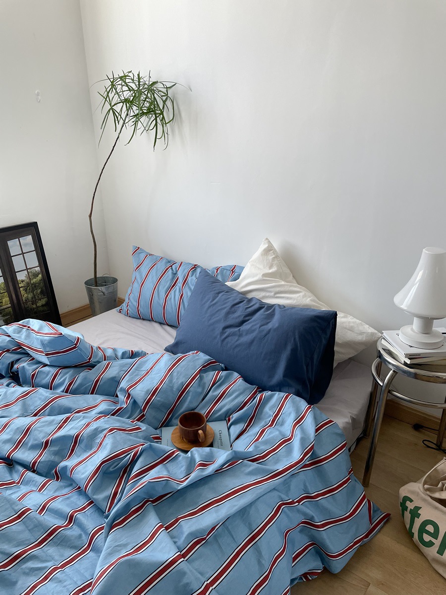 Simple striped cotton bedding four-piece cotton bed sheet quilt cover bed cover college student dormitory bed three-piece set