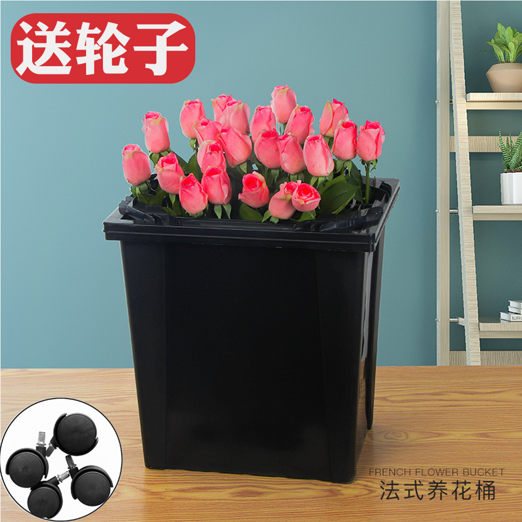 Large Black Flower Bucket French-Style Flower Awakening Bucket for Florists, Plastic Deep Water Storage Bucket for Stalls, Anti-Fall