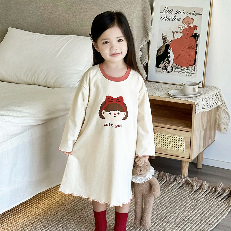 Girls Pajama Dress Spring Children's Pure Cotton Princess Style Long Sleeve Dress Girls Round Neck Home Nightgown Category a Thin