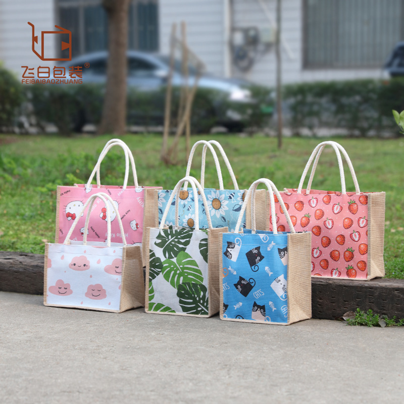 White rope color printing linen eco-friendly shopping bag handbag simple bag waterproof student fashion canvas bag linen bag