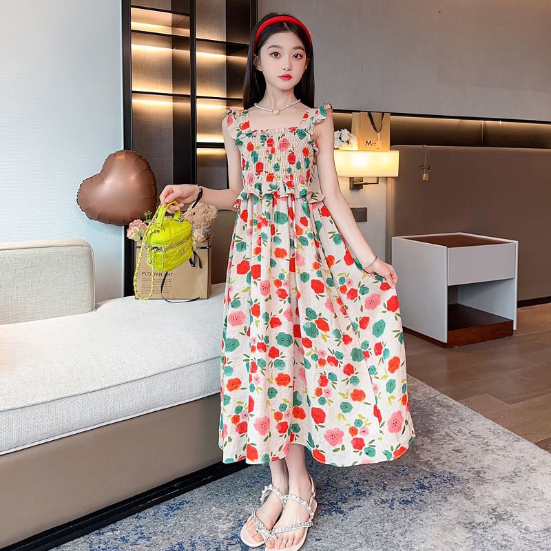 Girls' dress Summer Children's Over-the-Knee Long Dress Floral Dress Sling Long Dress for Big Kids Stylish Fashionable Princess Dress