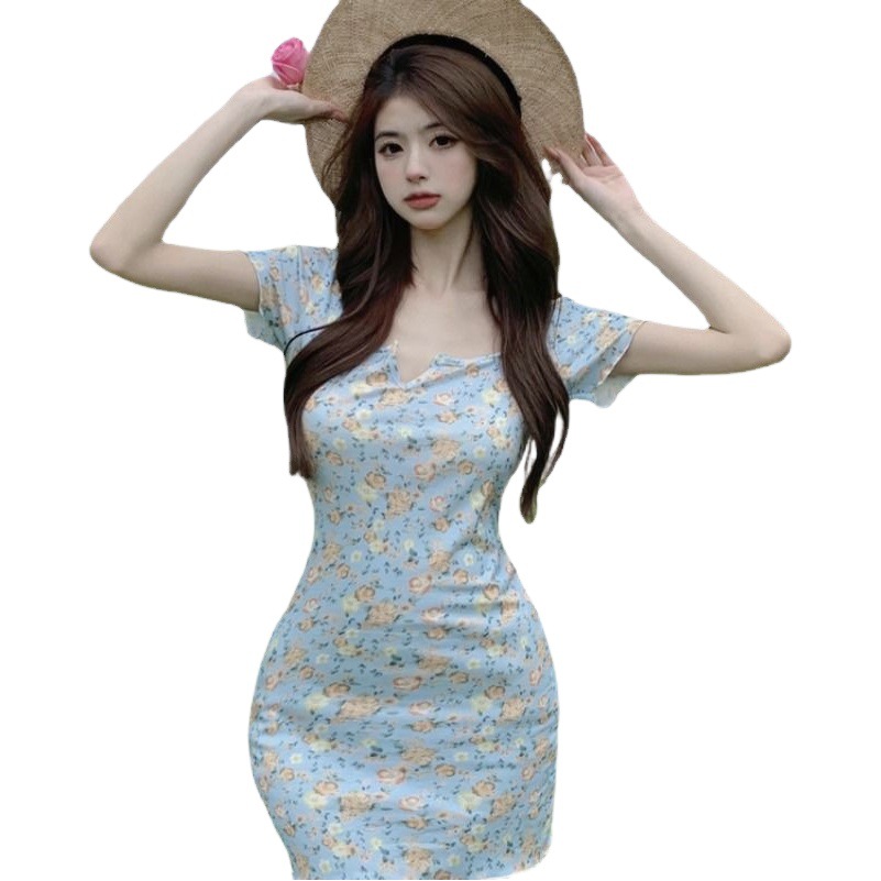 Sweet Salt Tea Break French Vintage Floral Dress Women's Summer Seaside Vacation Elegant Slim-Fit Chic Dress