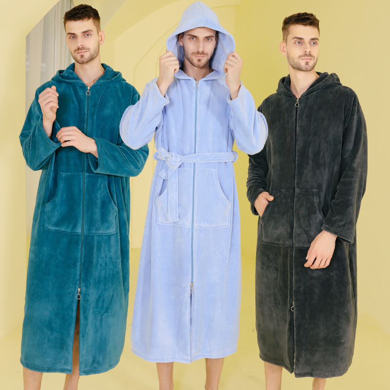 Amazon autumn and winter extra large nightgown thickened pajamas men's winter nightdress coral fleece long hooded absorbent bathrobe plus size