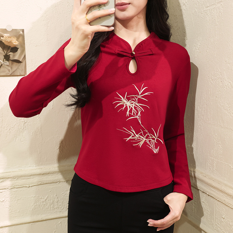 Spring and Autumn New Chinese Style Vertical Collar Buckle Ethnic Style Improved Slim Fit T-shirt Women's Small Shirt Embroidered Long Sleeve Base Shirt 2409