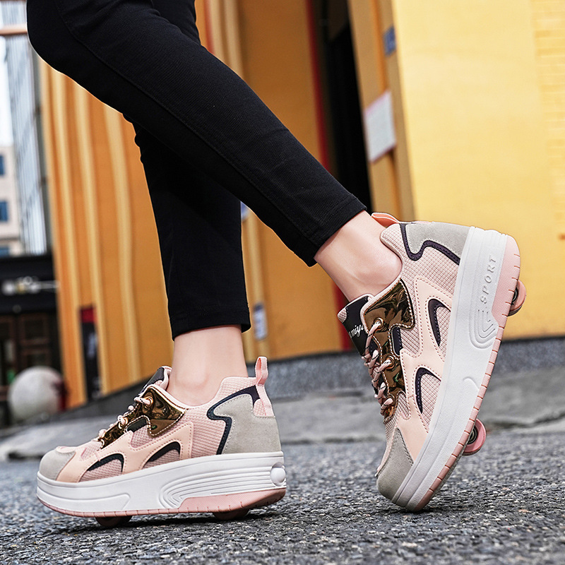 Children's walking shoes double-wheel boys with pulley girls walking shoes with wheels students detachable adult roller skating shoes fashion