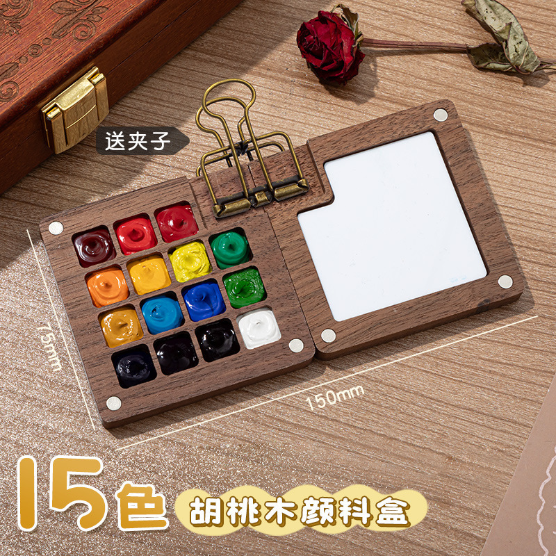 Picture of Mini watercolor paint walnut box acrylic box portable hand ledger sketching travel painting book color palette