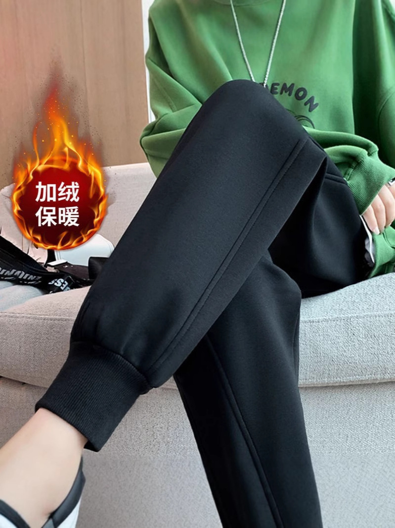 Grey Sports Pants Women's Autumn and Winter Loose Leg fleece-lined Thickened New 2024 New Arrival Small Slim Sweatpants
