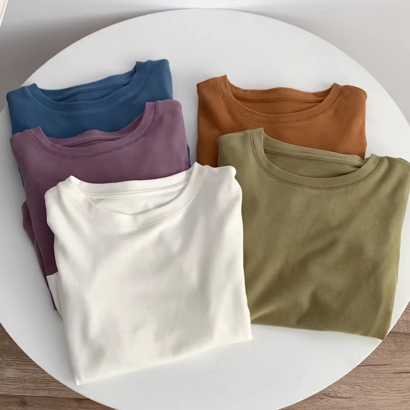 Soft Waxy Candy Color Round Neck Velvet Warm Bottoming Autumn and Winter fleece-lined Thickened Inner Top Western Style Long Sleeve T-Shirt for Women